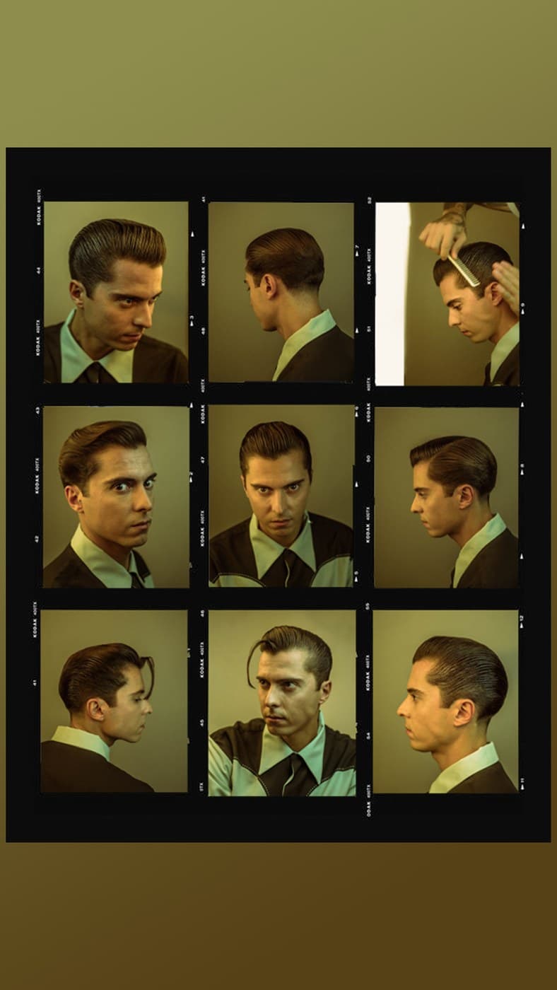 Kodak film contact sheet design — 9-frame pompadour portrait series, vintage treatment