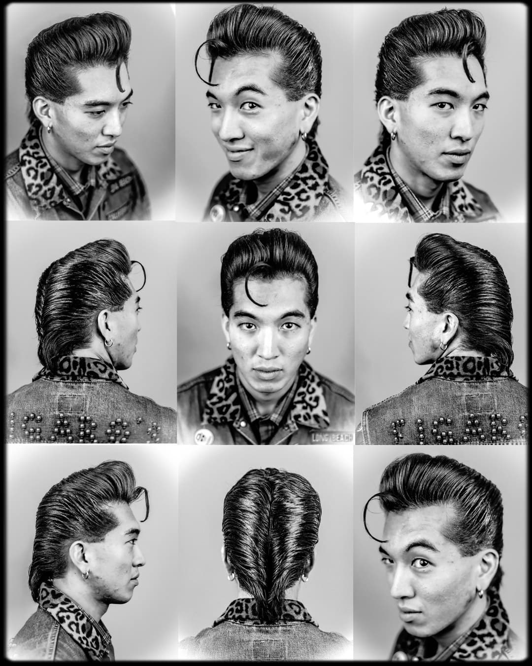 9-panel pompadour mugshot editorial — extreme Tokyo-rockabilly hairstyle all angles