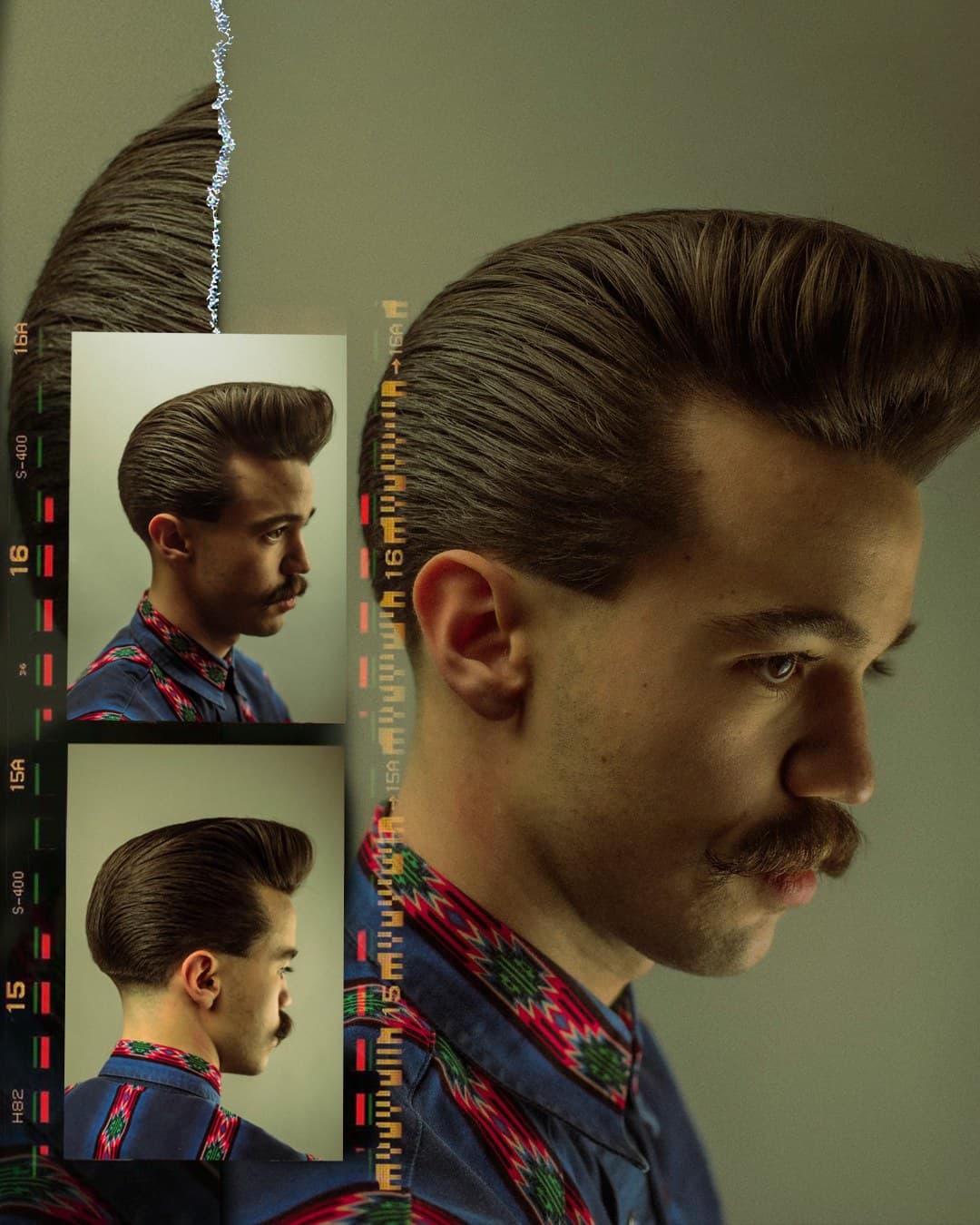 Editorial design composite — film strip overlaid on large-format pompadour portrait