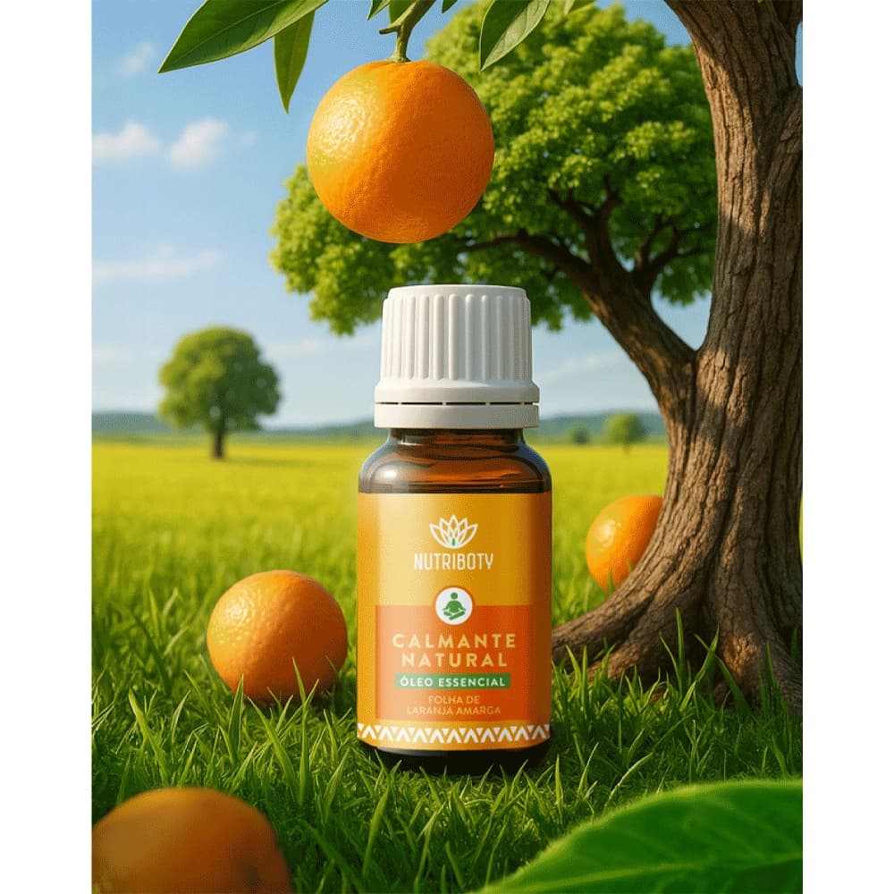 Orange essential oil product, clean studio photography
