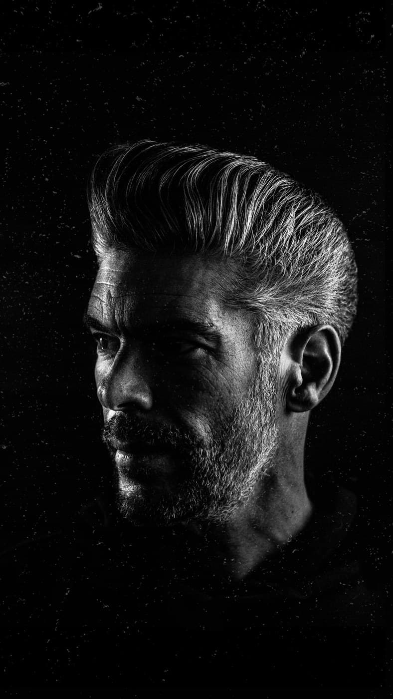 Black and white dramatic profile portrait — slicked pompadour against pure black