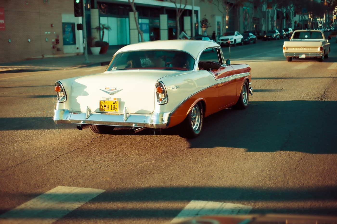 Classic Chevrolet Bel Air on Los Angeles streets at golden hour